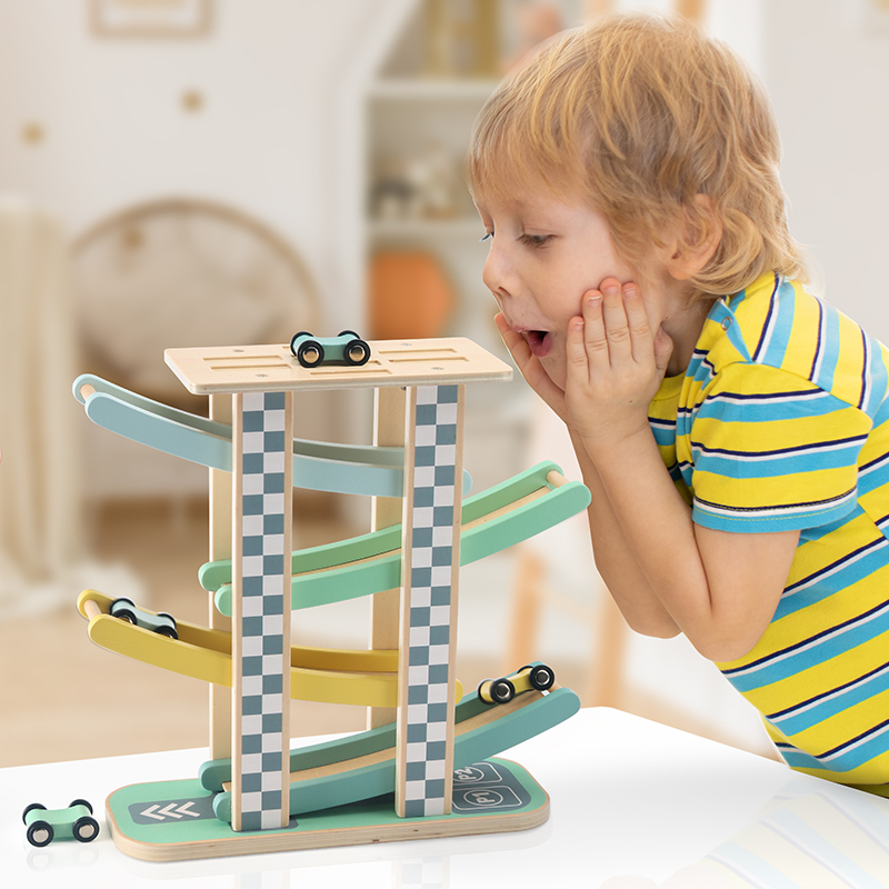 kids wooden sliding tower racing toy set