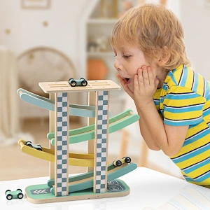 kids wooden sliding tower racing toy set