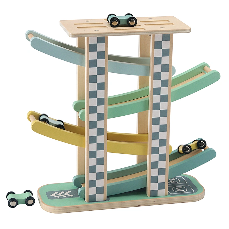 kids wooden sliding tower racing toy set